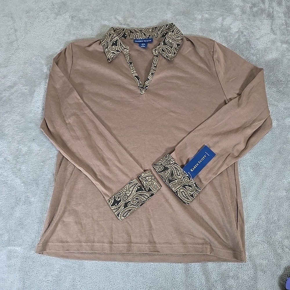 Karen Scott Shirt Large Brown Paisley Collar And Cuffs‎ Print V Neck 3/4 Sleeve